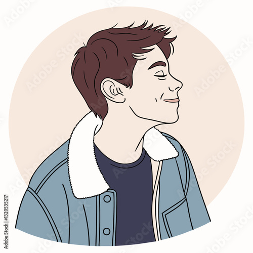 Illustration of a young man in denim jacket expressing serene contentment