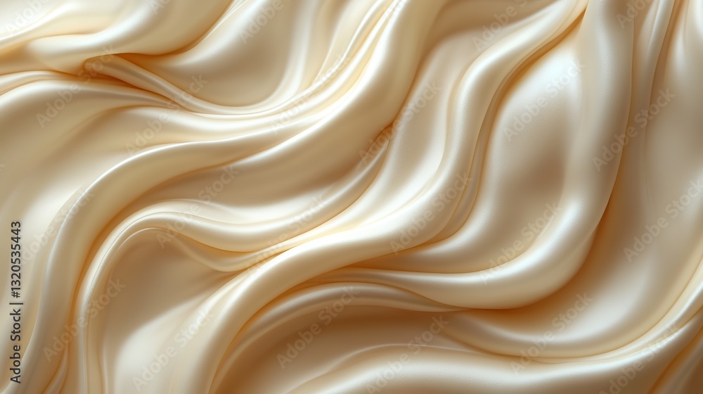 Fototapeta premium A smooth wavy pattern texture is created by beige cosmetic cream, offering an elegant backdrop for beauty products and skincare routines, enhancing visual appeal.