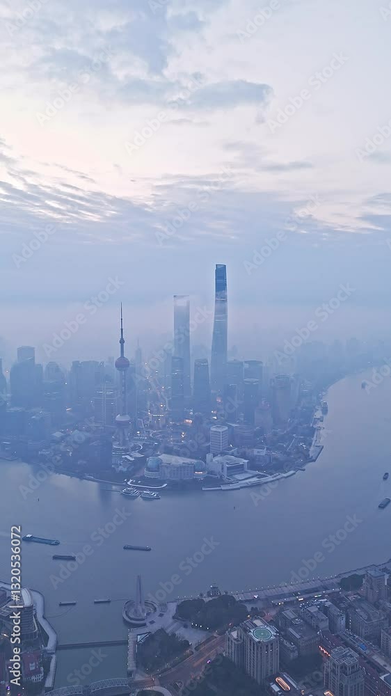 4K real time Aerial view of Shanghai modern buildings in the fog at sunrise 4K real time Aerial view of Shanghai modern buildings in the fog at sunrise