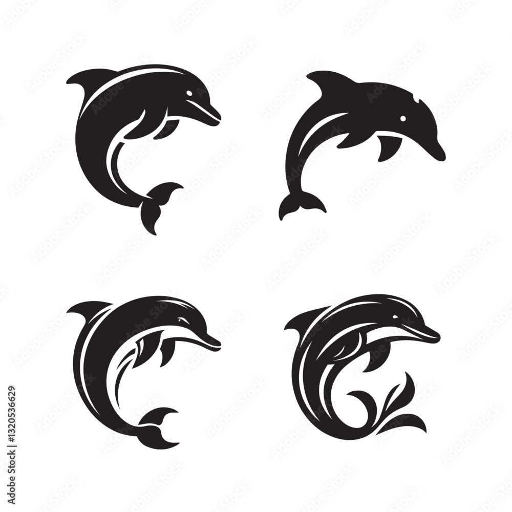 Naklejka premium Dolphin fish black soild silhouette bundle isolated on white background, clip art logo icon set 