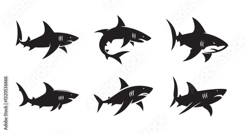 Shark fish black soild silhouette bundle isolated on white background, clip art logo icon set	
