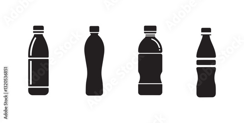 Water bottle black soild silhouette bundle isolated on white background, clip art logo icon set