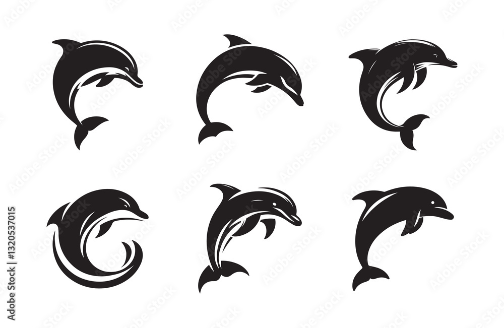 Naklejka premium Dolphin fish black soild silhouette bundle isolated on white background, clip art logo icon set 
