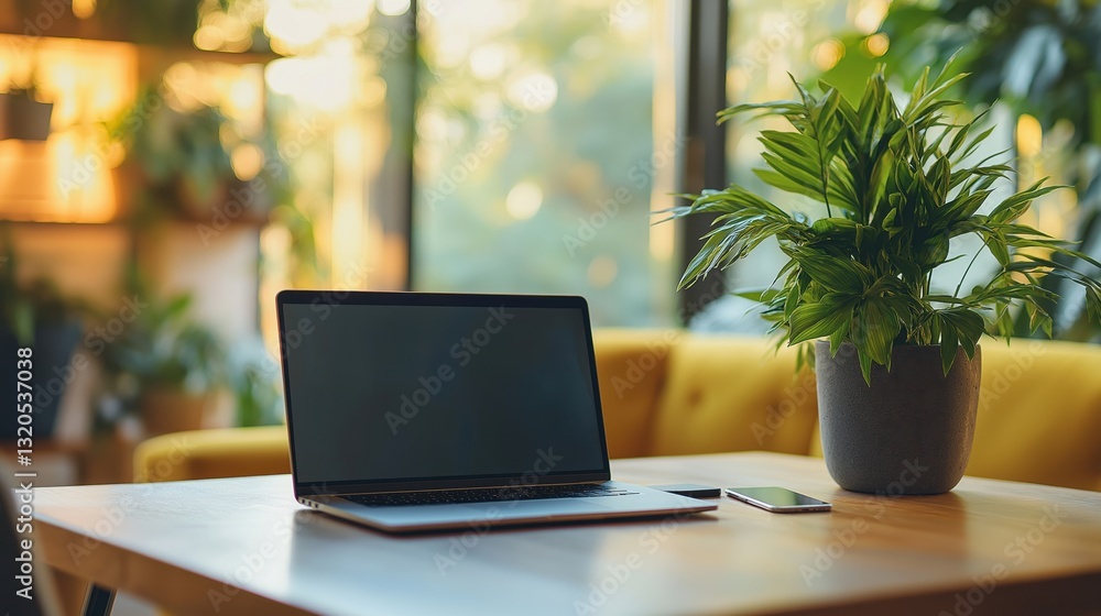 Fototapeta premium A laptop on a wooden table with lush green plants in the background, bathed in natural light from large windows, creating a bright and refreshing workspace.