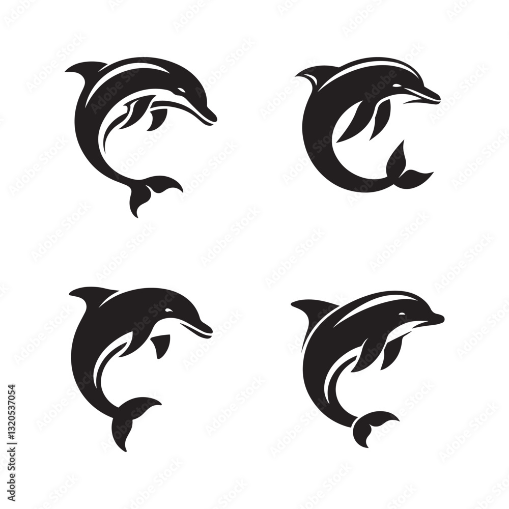 Naklejka premium Dolphin fish black soild silhouette bundle isolated on white background, clip art logo icon set 
