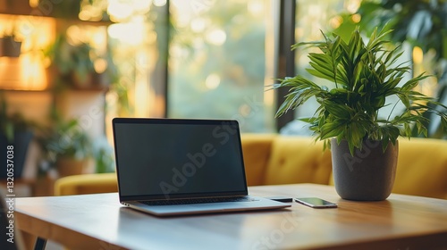 Wallpaper Mural A laptop on a wooden table with lush green plants in the background, bathed in natural light from large windows, creating a bright and refreshing workspace. Torontodigital.ca