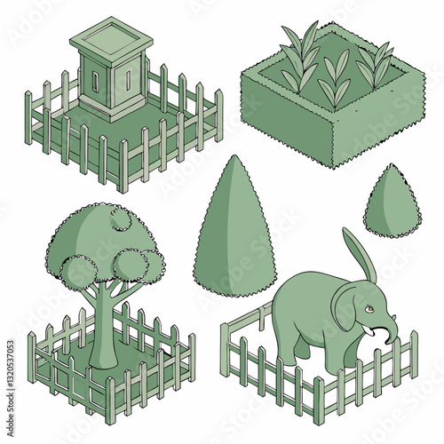 Isometric green park elements including building, trees, hedge and animal