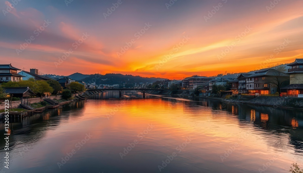 Fototapeta premium Kyoto's Katsura River at sunset, serene water reflecting evening glow, path, landscape