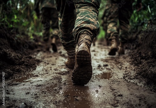 Close-up of soldiers marching through a muddy trail in a dense forest, showcasing their rugged military boots covered in mud