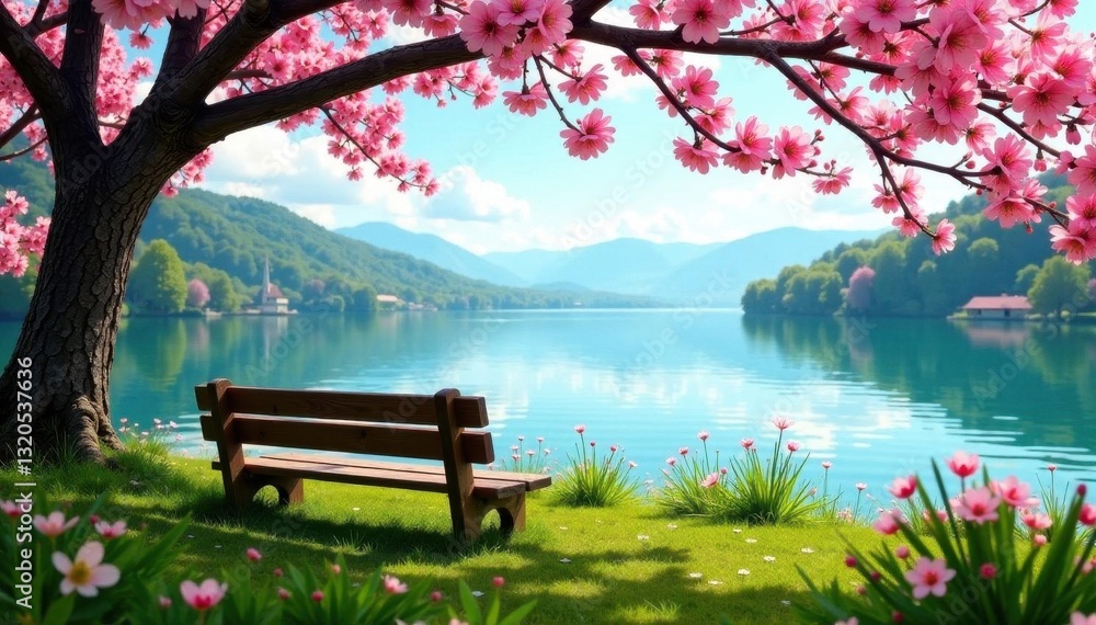 Obraz premium Spring blossoms frame tranquil lake Balaton view from wooden bench , landscape, panorama, colorful