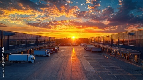 Sunset over a commercial warehouse and shipping trucks