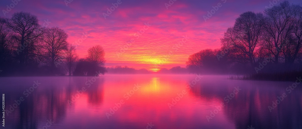 Obraz premium Beautiful Sunrise Over Calm Lake with Soft Pink Hues and Reflection