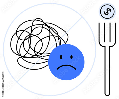 Sad blue face next to tangled lines symbolizing frustration, paired with a fork featuring a monetary icon. Ideal for food pricing, dissatisfaction, frustration, expense, quality, disappointment