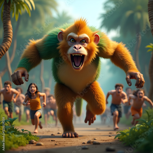 A group of people are chasing a big green and yellow monkey in the forest.