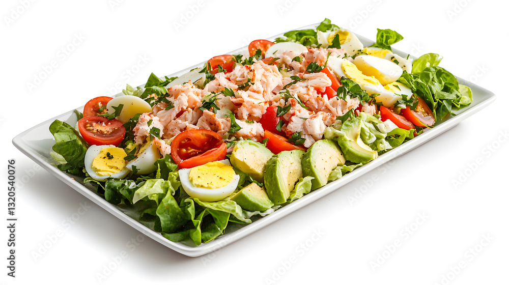 Fresh Crab Louie Salad on a Large Rectangular Platter with Colorful Ingredients Fresh Crab Louie Salad on a Large Rectangular Platter with Colorful Ingredients
