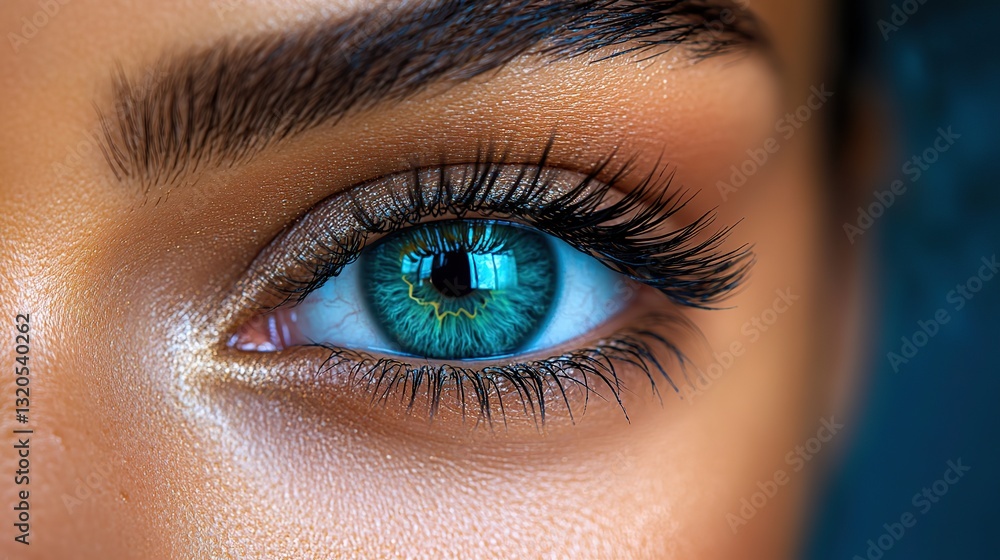 Obraz premium A woman's eye, in extreme close up, shows long dark lashes, a vibrant green iris, and smooth, healthy skin, suggesting beauty, health, and cosmetic enhancements.