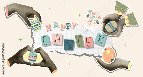 Hands of Diverse People Decorating Easter Eggs, Happy Easter vector illustration