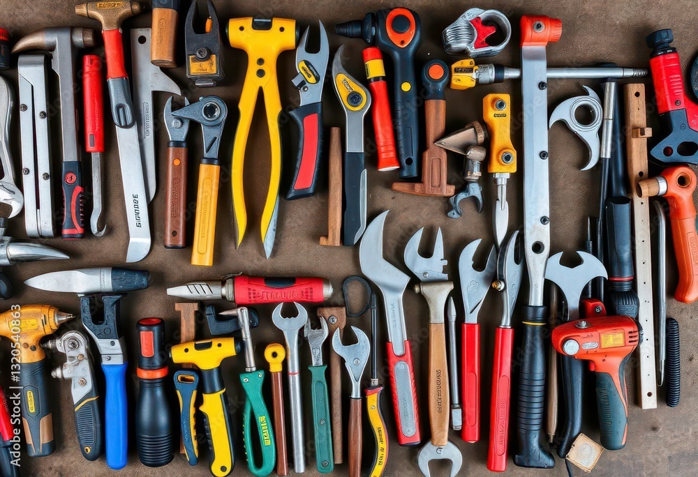 Overhead shot of various construction tools neatly arranged in a workshop, carpentry, site Overhead shot of various construction tools neatly arranged in a workshop, carpentry, site