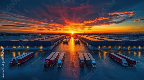 Aerial view shows trucks lined up at a warehouse under sunset