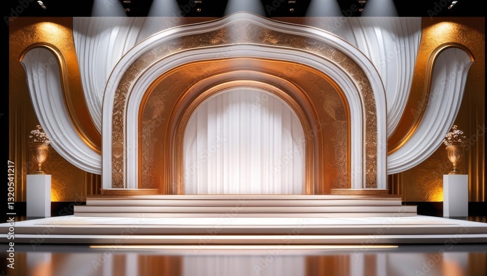 White golden ceremony award stage venue background.