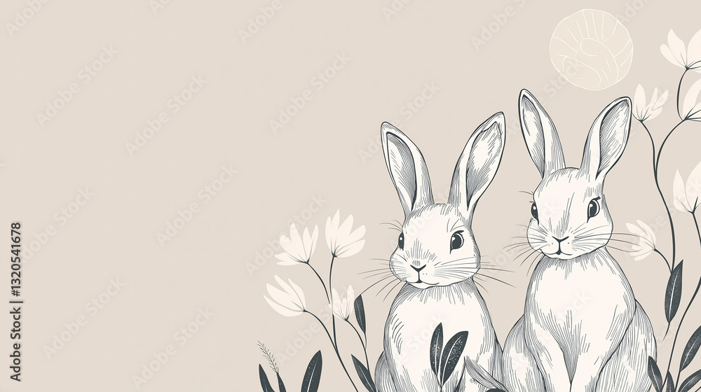Obraz premium A minimalist line-art Easter illustration featuring stylish monochrome rabbits and sophisticated typography, offering a modern and elegant design for holiday greetings.