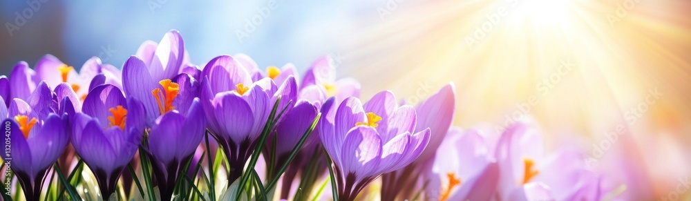 Spring Crocuses in Sunlight, Outdoor Garden Spring Crocuses in Sunlight, Outdoor Garden