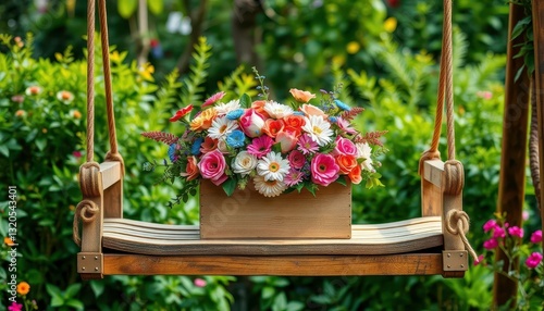 Rustic swing holds floral gift box, lush greenery backdrop, swing, beautiful