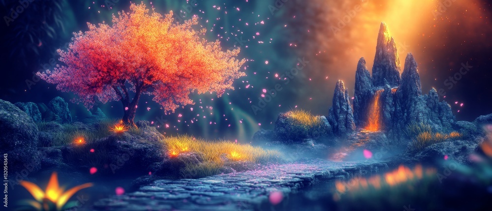 Fototapeta premium Delicate Cherry Blossom Tree in Full Bloom Surrounded by Dreamy Landscape