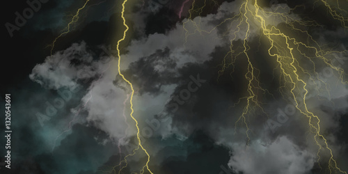 Thunder, lightnings and rain on a stormy summer night in black and white. Lightning bolts in the sky at night. 
