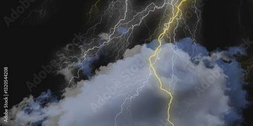 Thunder, lightnings and rain on a stormy summer night in black and white. Lightning bolts in the sky at night. 
