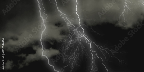 Thunder, lightnings and rain on a stormy summer night in black and white. Lightning bolts in the sky at night. 
