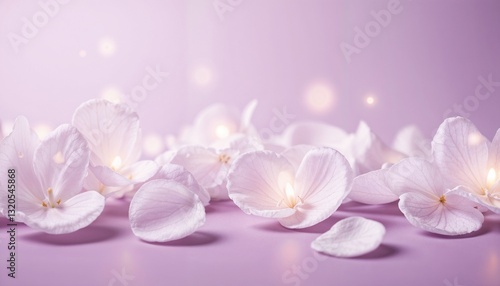  Glowing white flower petals with soft light effects on a pastel background