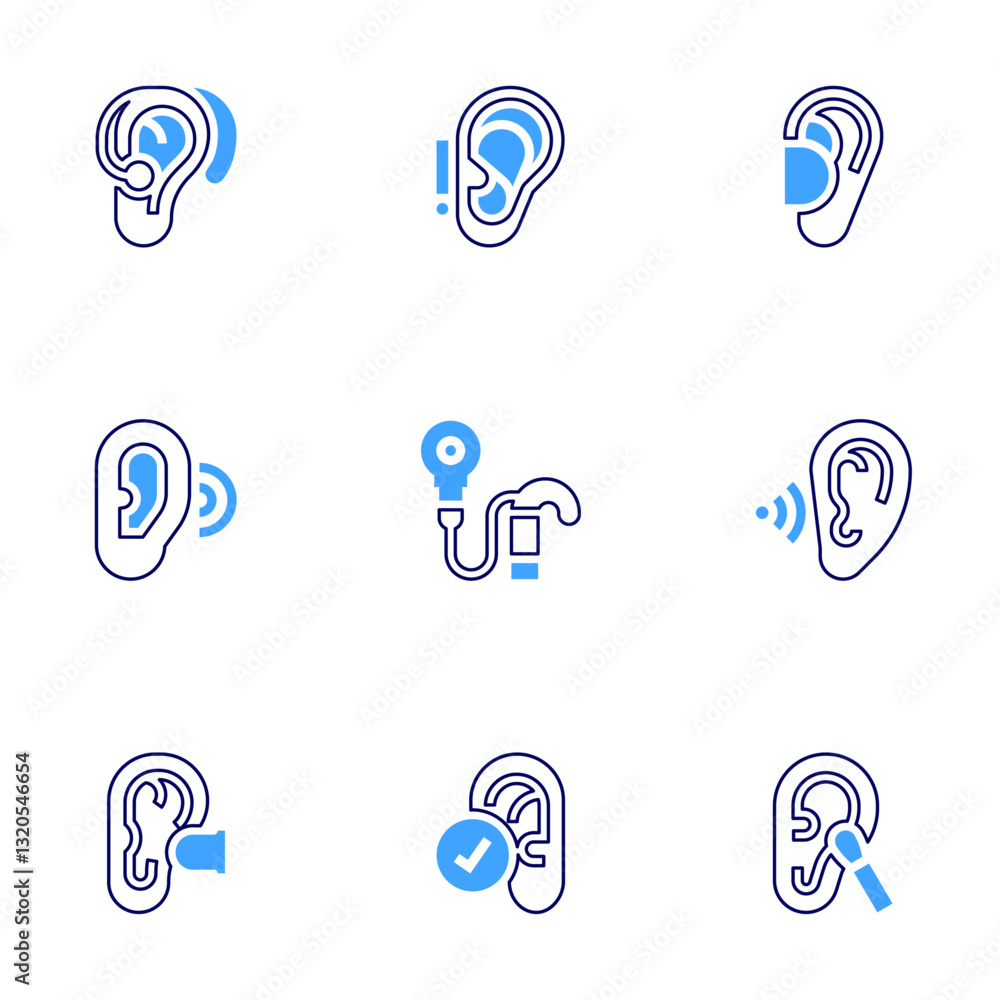 Ears icon set. Bold line style. Duotone colors. Editable stroke. cotton, ear, hearing aid, listening, implant Ears icon set. Bold line style. Duotone colors. Editable stroke. cotton, ear, hearing aid, listening, implant
