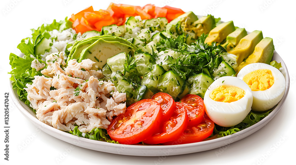 Angled View of a Fresh Crab Louie Salad with Vegetables and Dressing on a White Plate Angled View of a Fresh Crab Louie Salad with Vegetables and Dressing on a White Plate