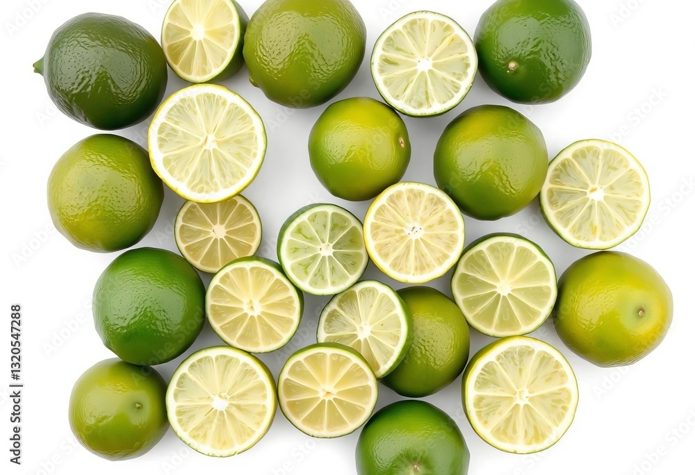 A collection of whole and halved limes, isolated on a pure white background, white, fresh A collection of whole and halved limes, isolated on a pure white background, white, fresh