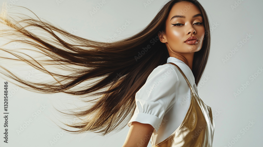 Glamorous Hairstylist Model in Gold with Sleek Flowing Hair