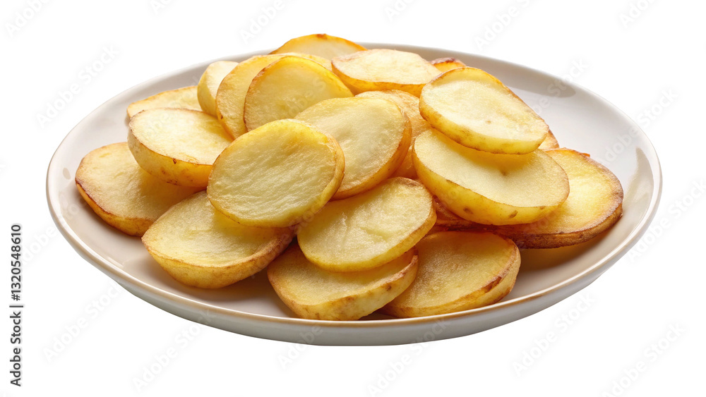 A plate of golden brown roasted potato slices, crispy and delicious A plate of golden brown roasted potato slices, crispy and delicious