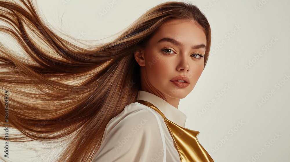 Glamorous Hairstylist Model in Gold with Sleek Flowing Hair