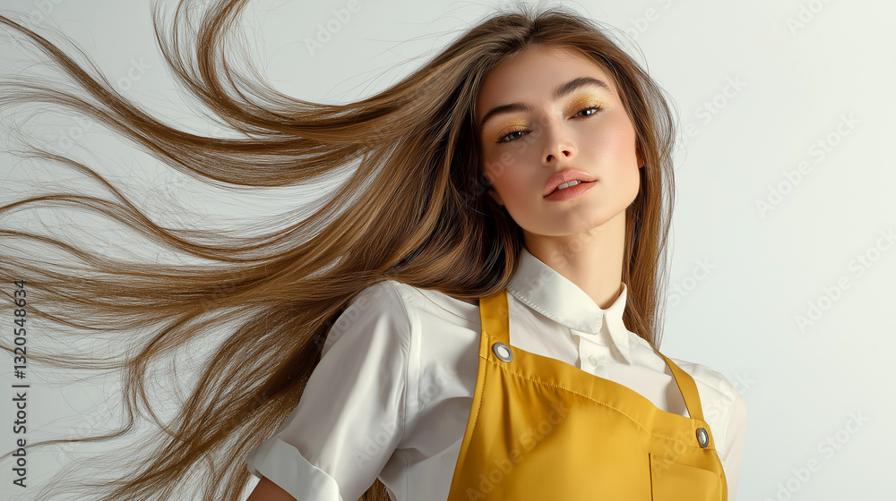 Glamorous Hairstylist Model in Gold with Sleek Flowing Hair