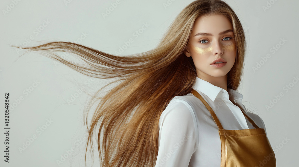 Glamorous Hairstylist Model in Gold with Sleek Flowing Hair