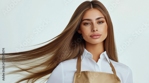 Glamorous Hairstylist Model in Gold with Sleek Flowing Hair