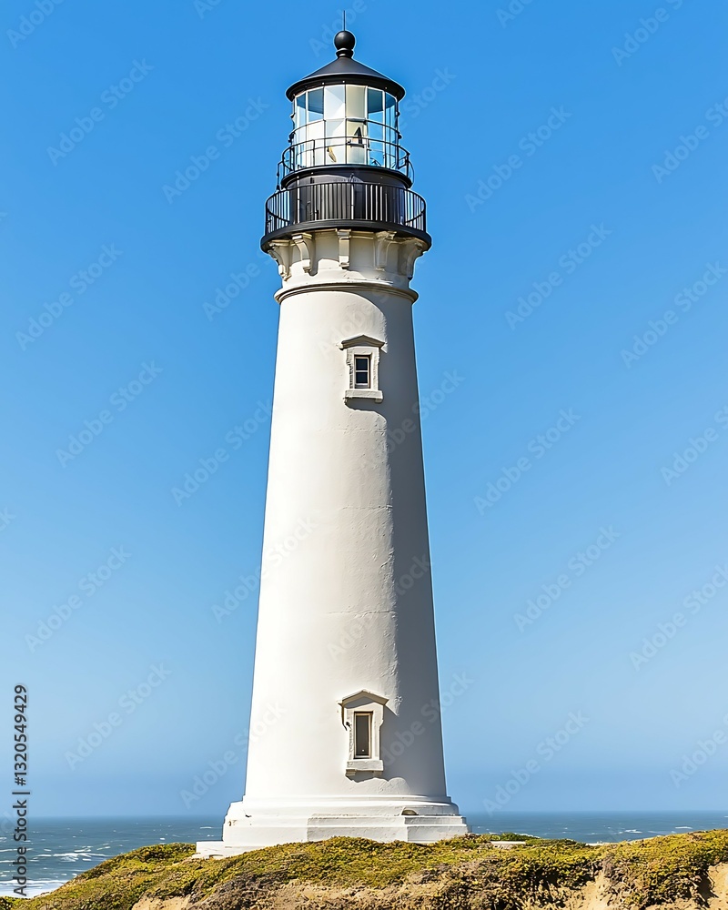 A tall white lighthouse stands against a clear blue sky, overlooking a serene ocean landscape. A tall white lighthouse stands against a clear blue sky, overlooking a serene ocean landscape.