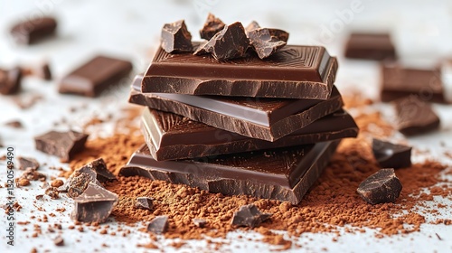 Against white, milk chocolate chunks burst near cocoa powder, creating an energetic, dynamic scene.