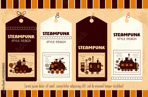 Set of tag in retro style with steam engine machines. Collection of vintage label with steampunk style steam powered carriage silhouettes. Can be used for scrapbooking, card, tag, sticker. Vector EPS8