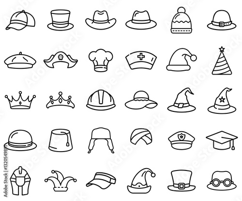 Collection of diverse headwear icons on transparent background