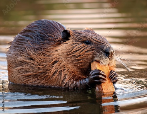 Beaver swimming in calm water while gnawing on a wooden stick during daylight hours in a natural setting photo