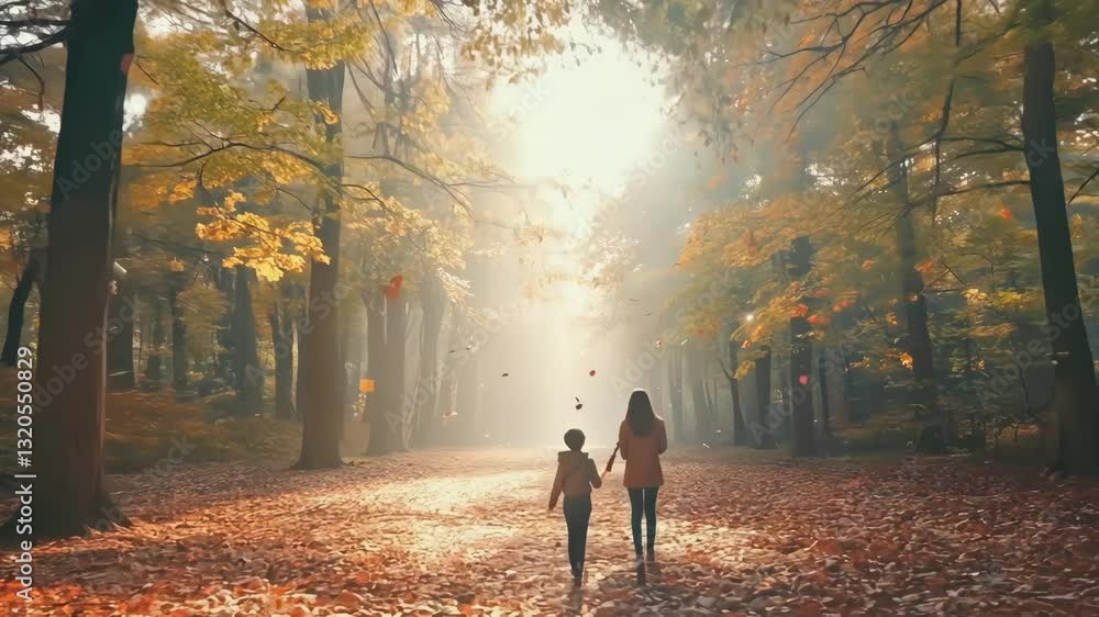 Beautiful Autumn Morning in Forest with Falling Leaves and People Walking Beautiful Autumn Morning in Forest with Falling Leaves and People Walking