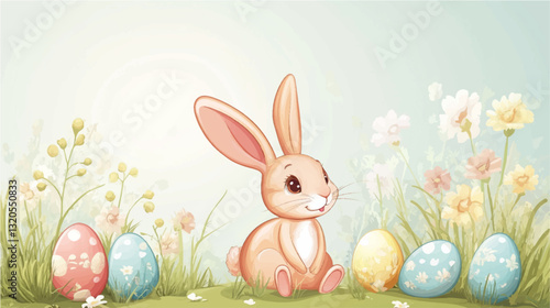 Vector illustration, of cartoon Bunny with  Easter eggs  on flowering meadow