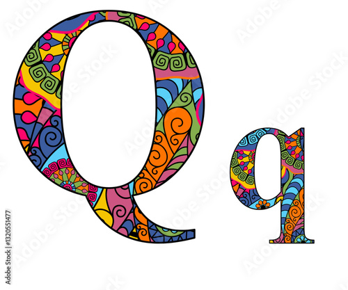 Vector image letter of the English alphabet with colorful vintage hand drawn pattern isolated on transparent background