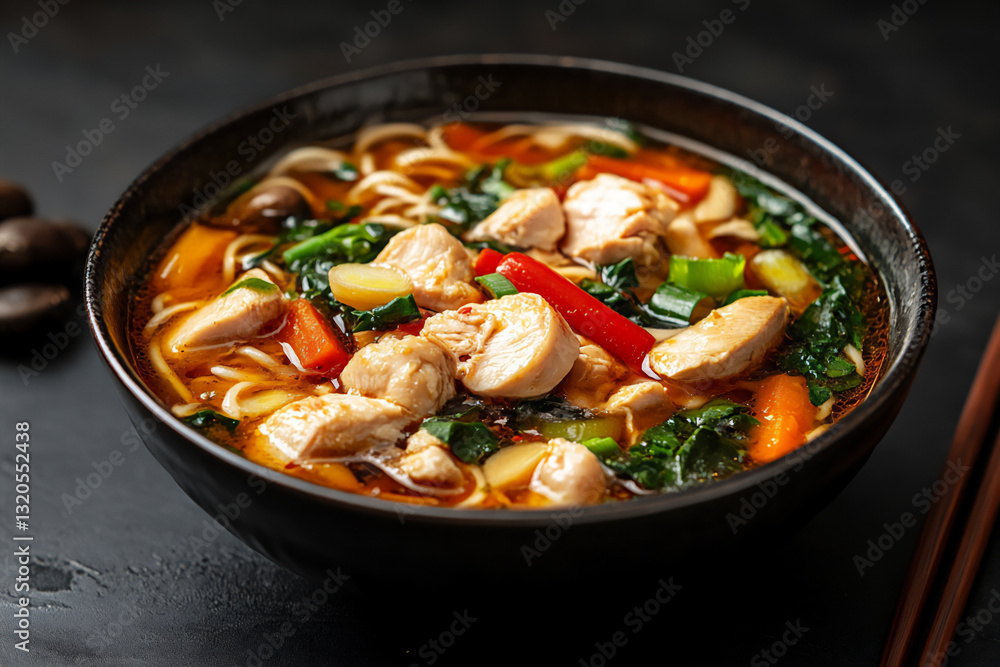 a bowl of noodles with chicken, shiitake mushrooms, a bowl of noodles with chicken, shiitake mushrooms,